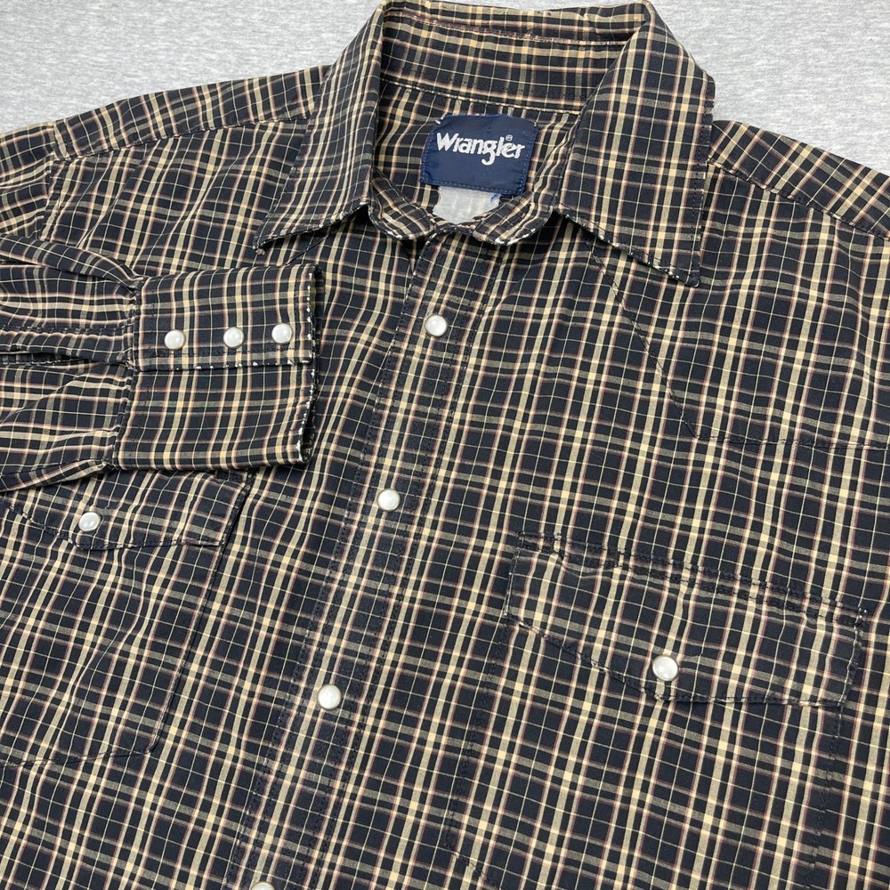 Vintage Wrangler Pearl Snap Shirt Mens Medium Black Tan Plaid LS Western 70s 80s